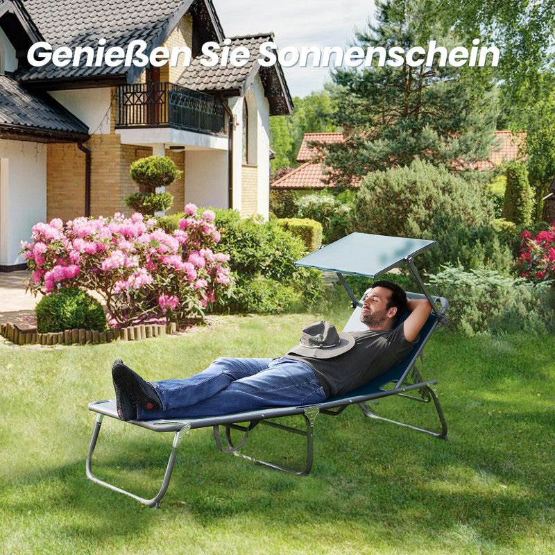 Sonnenliege klappbar – Gartenliege aus Aluminium mit verstellbarer Rückenlehne, Kopfstütze und Sonnenblende, bis 180 kg belastbar, ozeanblau