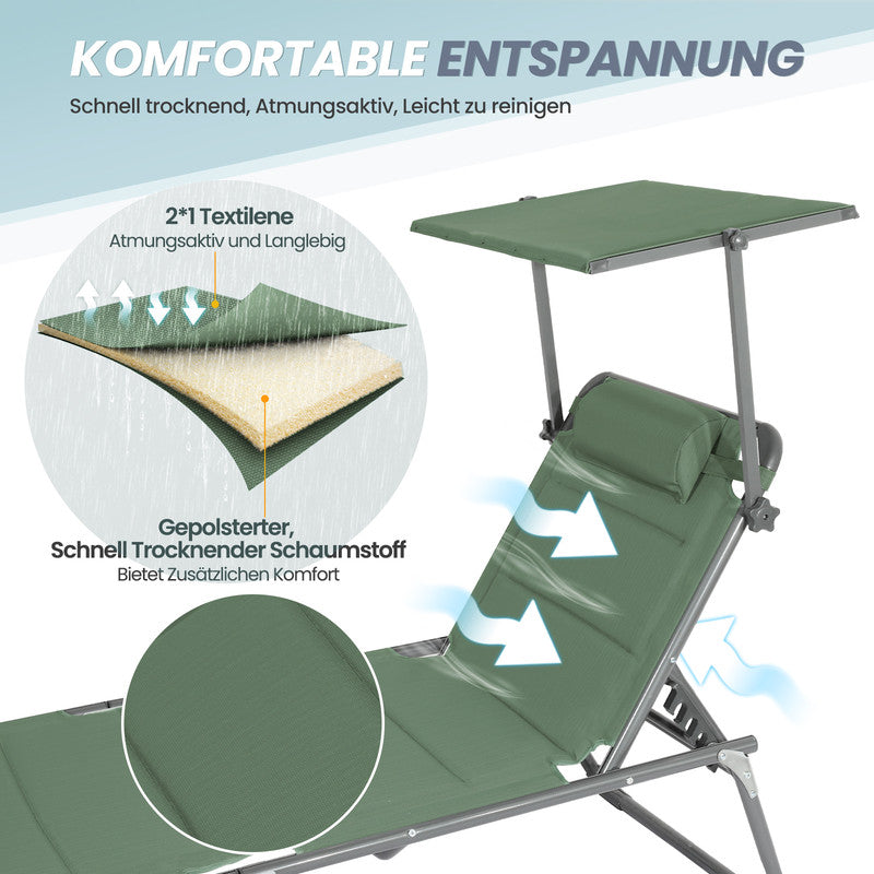 Sonnenliege klappbar – Gartenliege aus Aluminium mit verstellbarer Rückenlehne, Kopfstütze und Sonnenblende, bis 180 kg belastbar, moosgrün