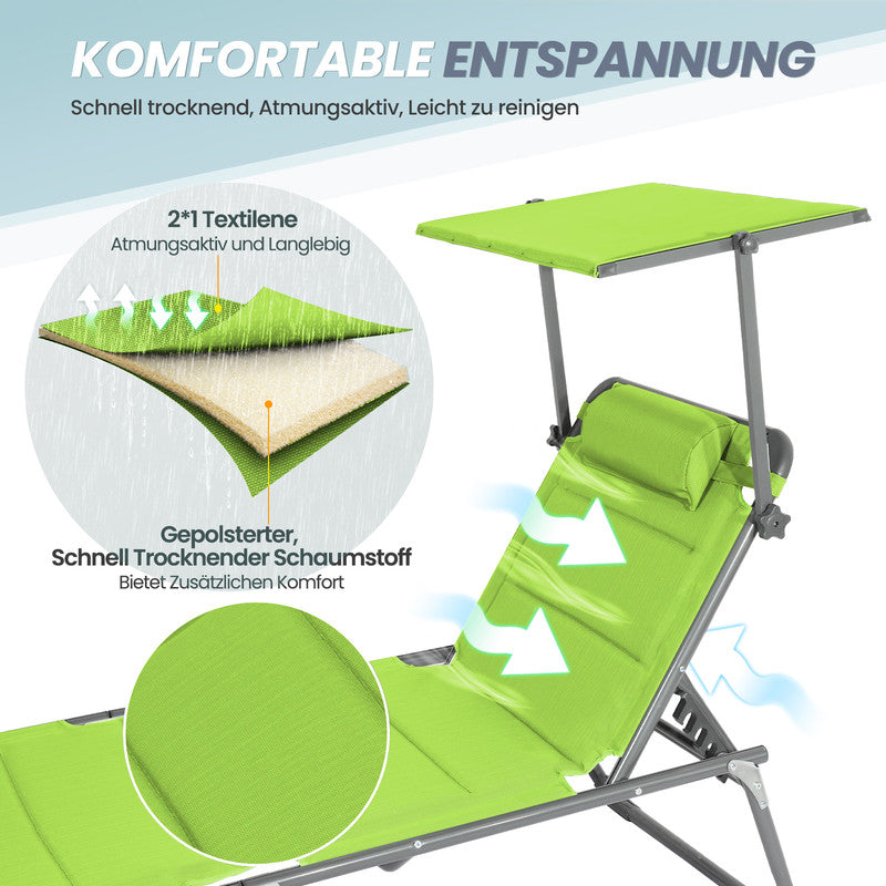 Sonnenliege klappbar – Gartenliege aus Aluminium mit verstellbarer Rückenlehne, Kopfstütze und Sonnenblende, bis 180 kg belastbar, hellgrün