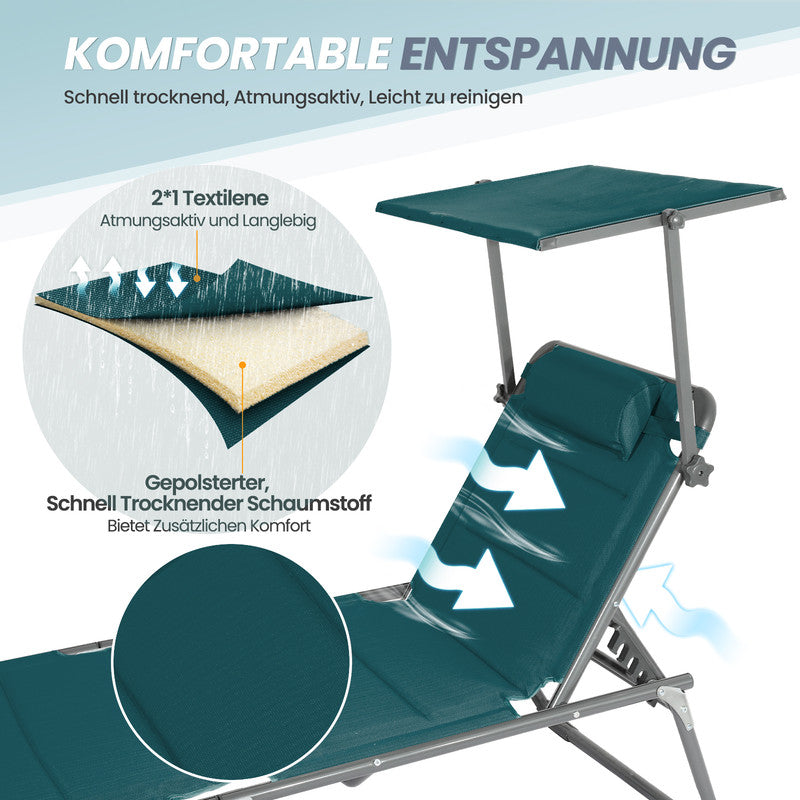 Sonnenliege klappbar – Gartenliege aus Aluminium mit verstellbarer Rückenlehne, Kopfstütze und Sonnenblende, bis 180 kg belastbar, ozeanblau