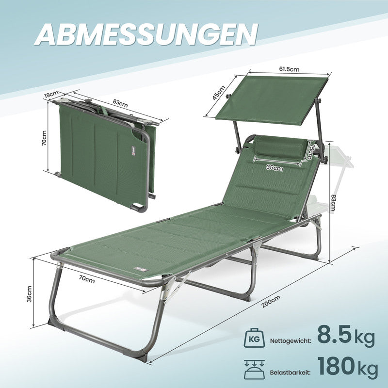 Sonnenliege klappbar – Gartenliege aus Aluminium mit verstellbarer Rückenlehne, Kopfstütze und Sonnenblende, bis 180 kg belastbar, moosgrün