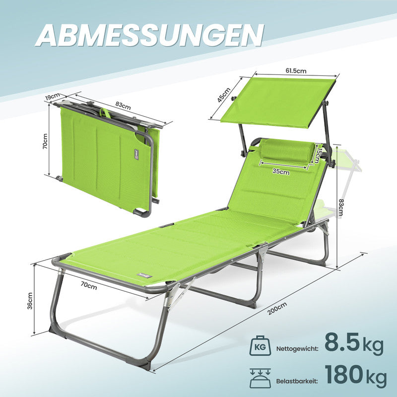Sonnenliege klappbar – Gartenliege aus Aluminium mit verstellbarer Rückenlehne, Kopfstütze und Sonnenblende, bis 180 kg belastbar, hellgrün
