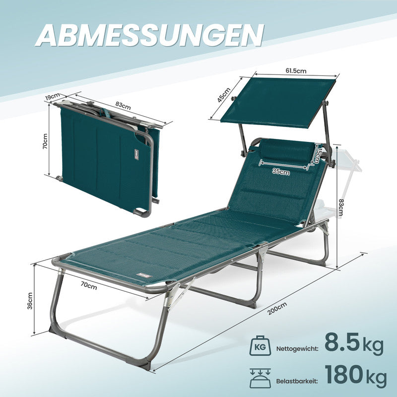 Sonnenliege klappbar – Gartenliege aus Aluminium mit verstellbarer Rückenlehne, Kopfstütze und Sonnenblende, bis 180 kg belastbar, ozeanblau