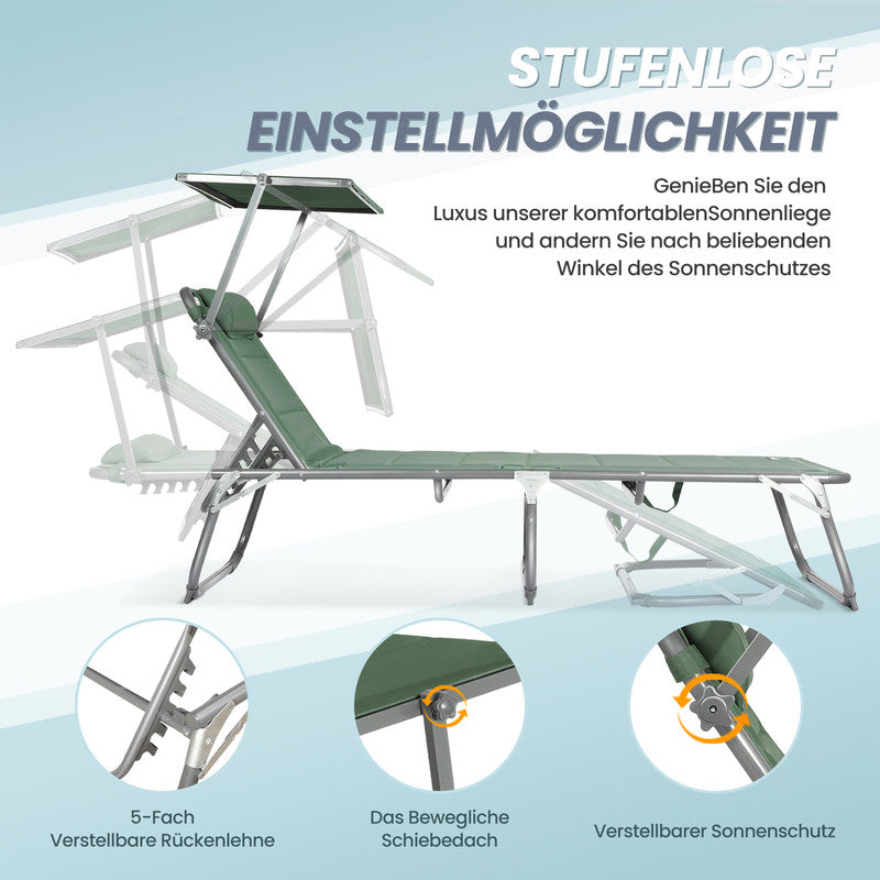 Sonnenliege klappbar – Gartenliege aus Aluminium mit verstellbarer Rückenlehne, Kopfstütze und Sonnenblende, bis 180 kg belastbar, moosgrün