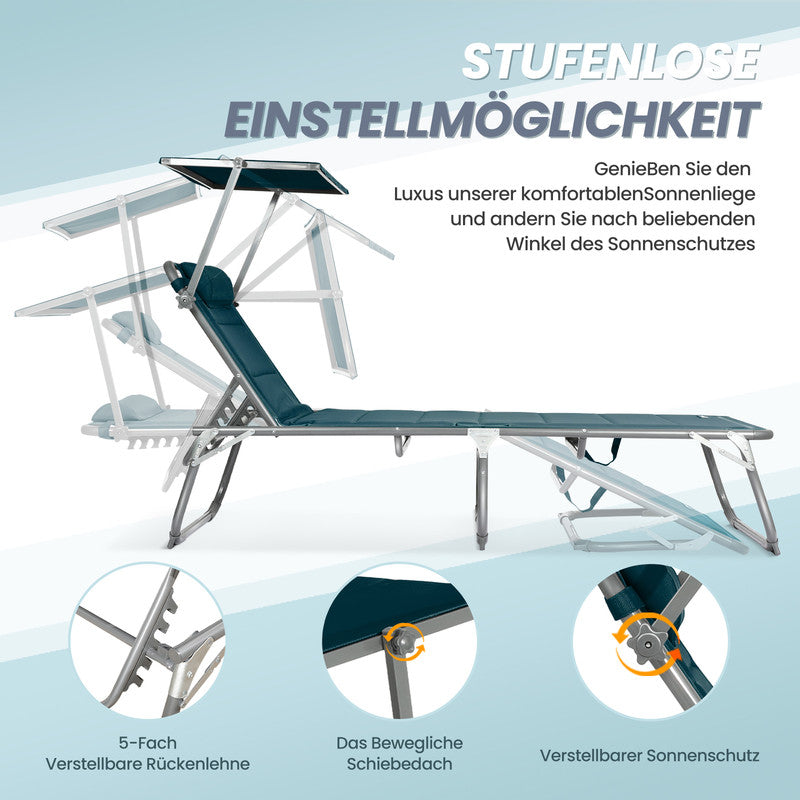 Sonnenliege klappbar – Gartenliege aus Aluminium mit verstellbarer Rückenlehne, Kopfstütze und Sonnenblende, bis 180 kg belastbar, ozeanblau