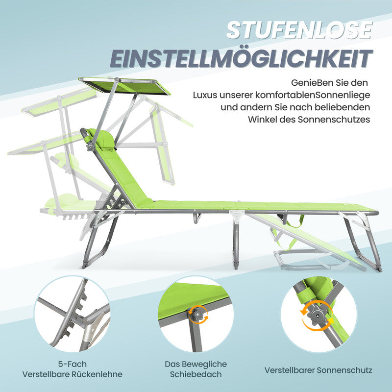 Sonnenliege klappbar – Gartenliege aus Aluminium mit verstellbarer Rückenlehne, Kopfstütze und Sonnenblende, bis 180 kg belastbar, hellgrün