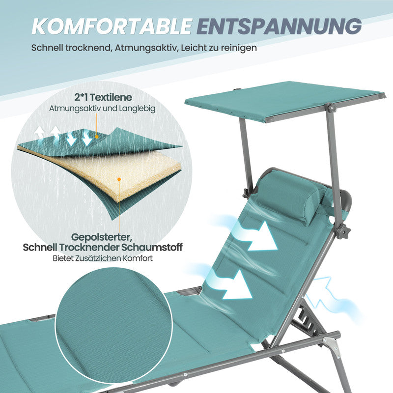 HOMECALL Sonnenliege klappbar 200×70 cm – Gartenliege mit Sonnenschutz, 5-fach verstellbar | geprüfte B-Ware, grün