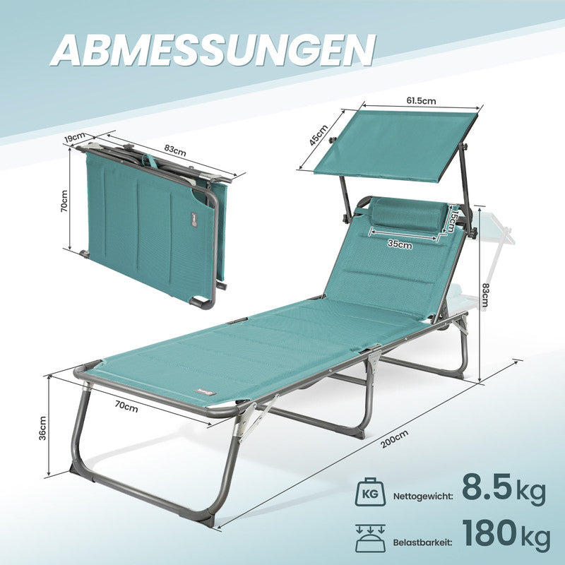 HOMECALL Sonnenliege klappbar 200×70 cm – Gartenliege mit Sonnenschutz, 5-fach verstellbar | geprüfte B-Ware, grün