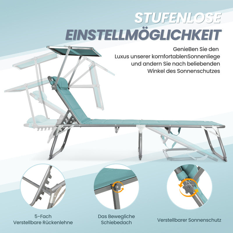 HOMECALL Sonnenliege klappbar 200×70 cm – Gartenliege mit Sonnenschutz, 5-fach verstellbar | geprüfte B-Ware, grün