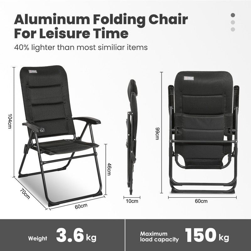 Campingstuhl Hochlehner klappbar – Leichter Aluminium Gartenstuhl mit 5-fach verstellbarer Rückenlehne, bis 150 kg belastbar -schwarz