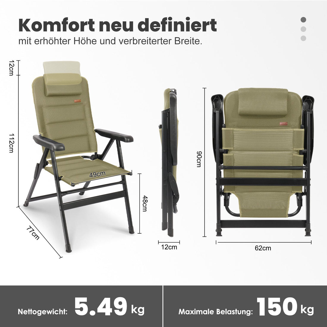 Campingstuhl Hochlehner klappbar – Gepolsterter Gartenstuhl mit Kopfstütze bis 150 kg belastbar Grün
