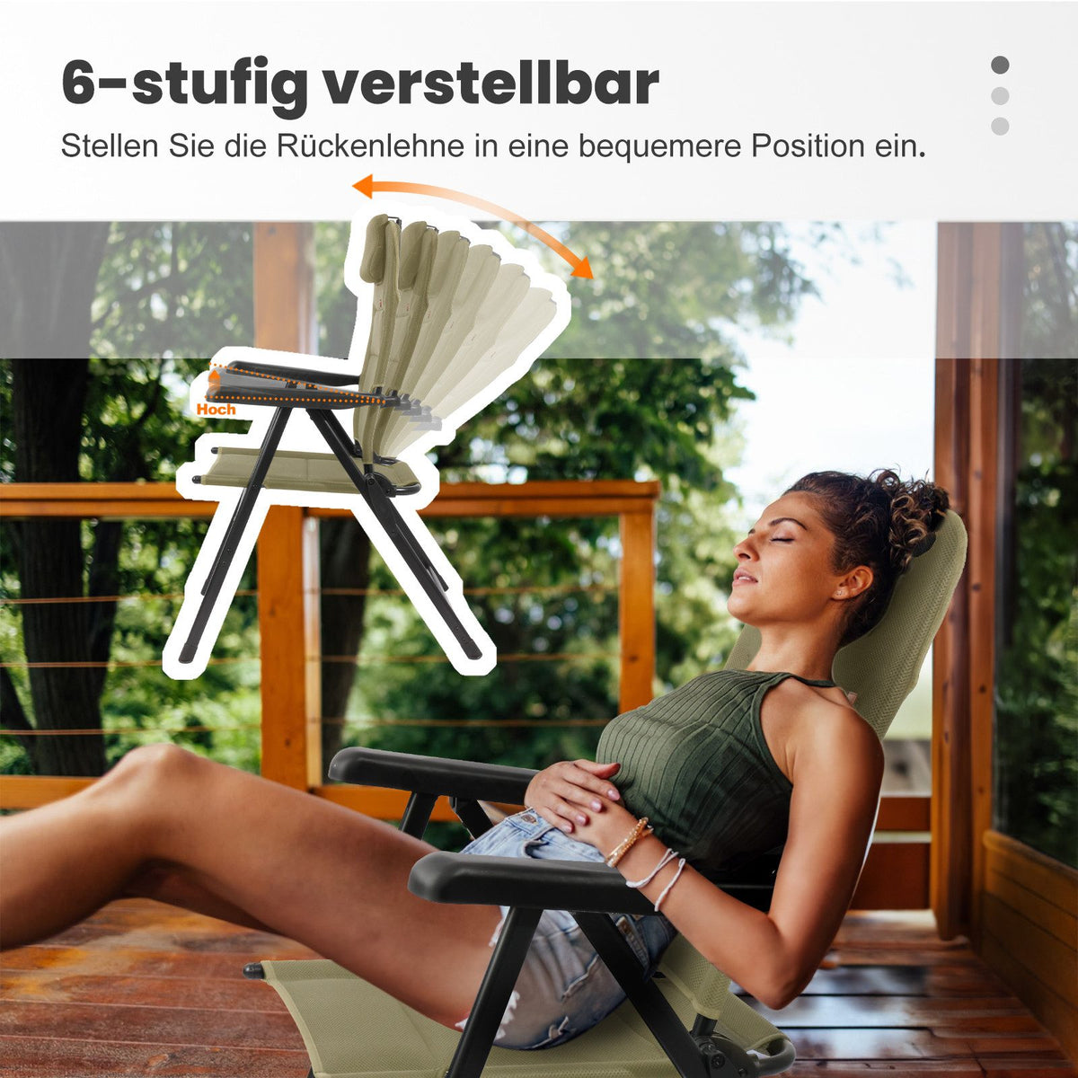 Campingstuhl Hochlehner klappbar – Gepolsterter Gartenstuhl mit Kopfstütze bis 150 kg belastbar Grün