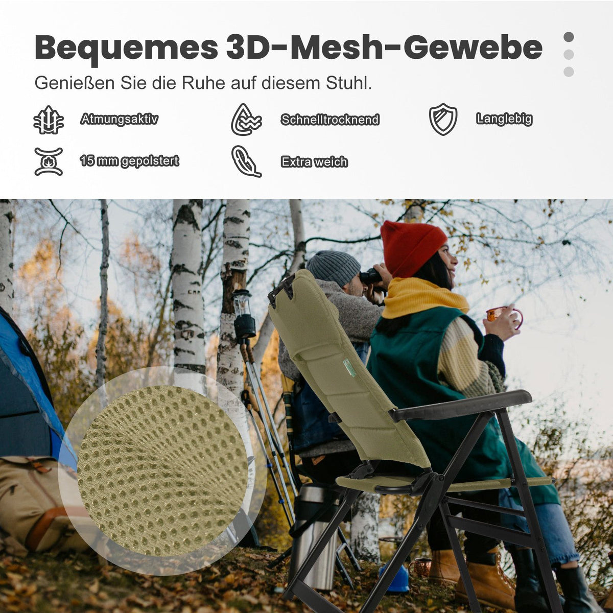 Campingstuhl Hochlehner klappbar – Gepolsterter Gartenstuhl mit Kopfstütze bis 150 kg belastbar Grün