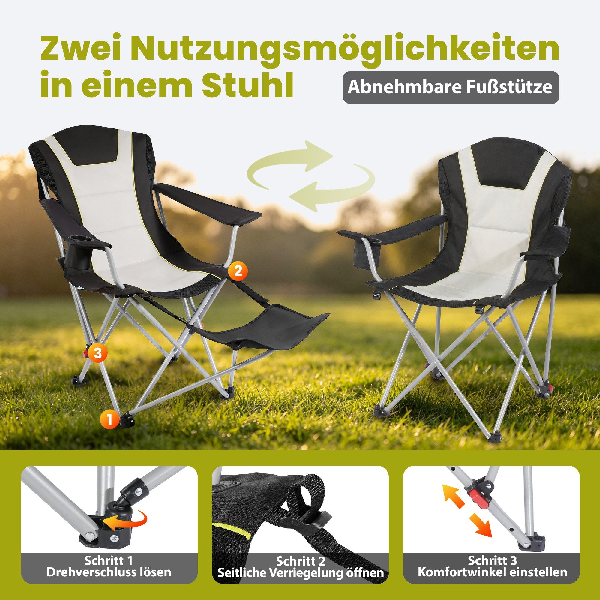 Campingstuhl mit Fußstütze – 2-in-1 Klappstuhl für Camping, Garten und Outdoor,