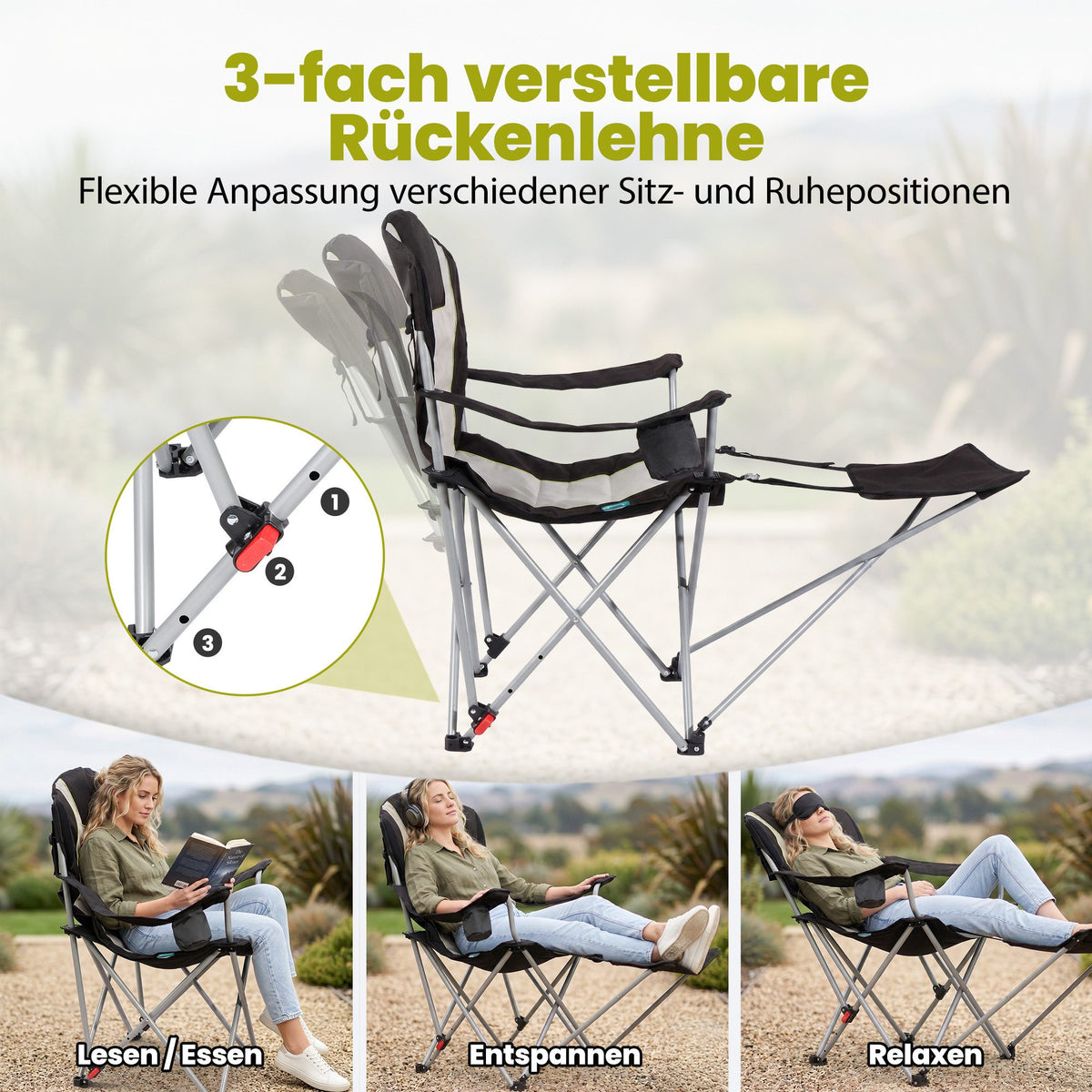 Campingstuhl mit Fußstütze – 2-in-1 Klappstuhl für Camping, Garten und Outdoor,