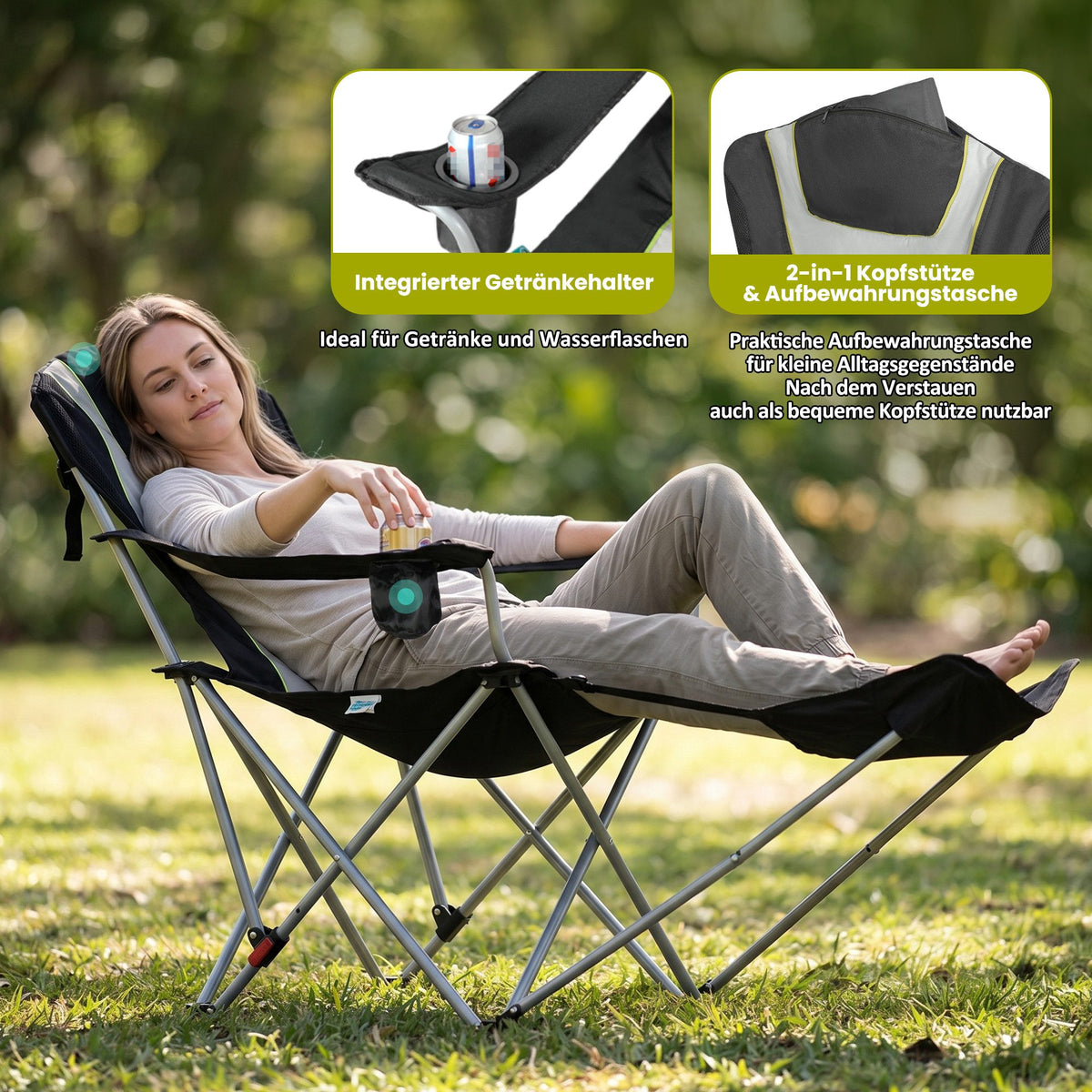 Campingstuhl mit Fußstütze – 2-in-1 Klappstuhl für Camping, Garten und Outdoor,