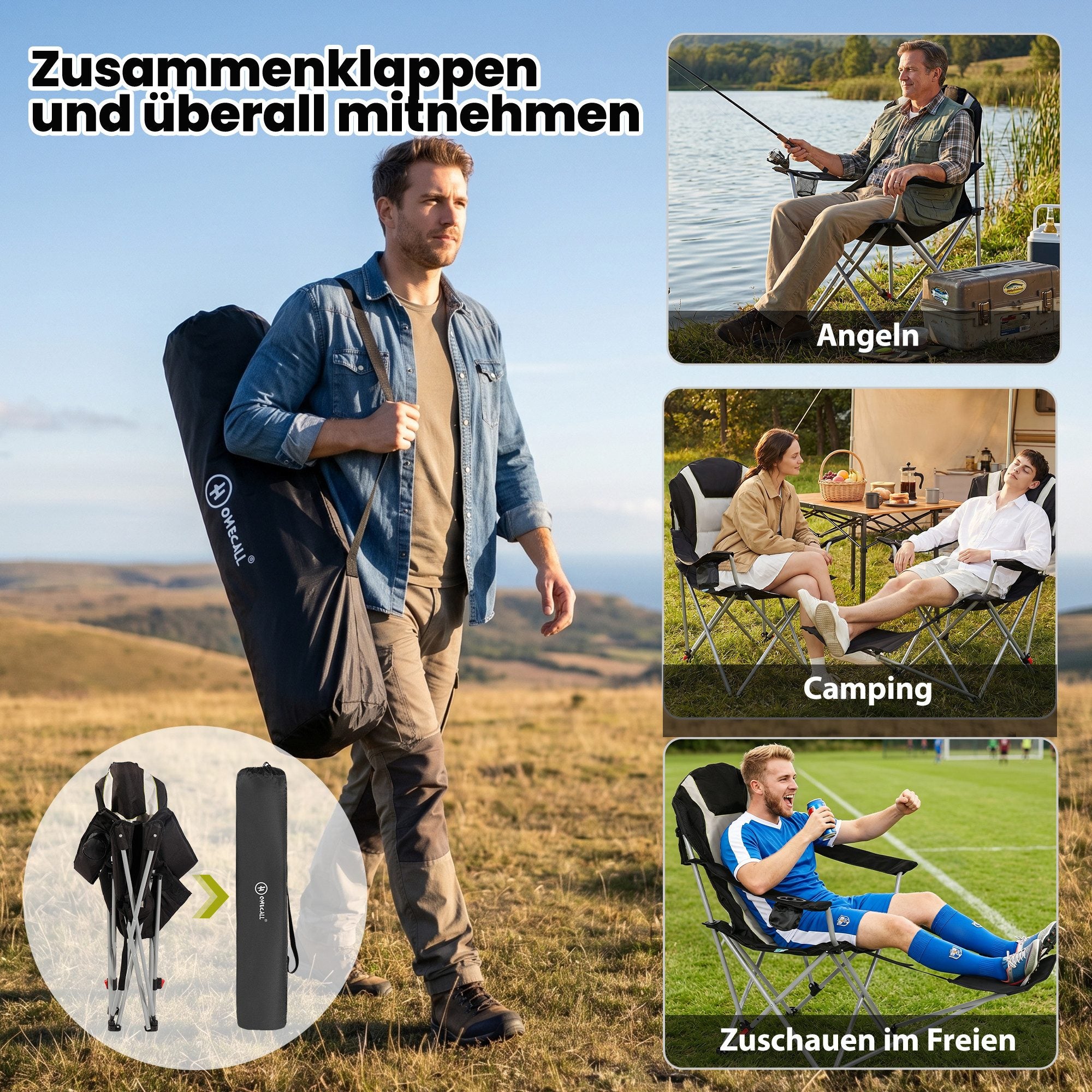 Campingstuhl mit Fußstütze – 2-in-1 Klappstuhl für Camping, Garten und Outdoor,