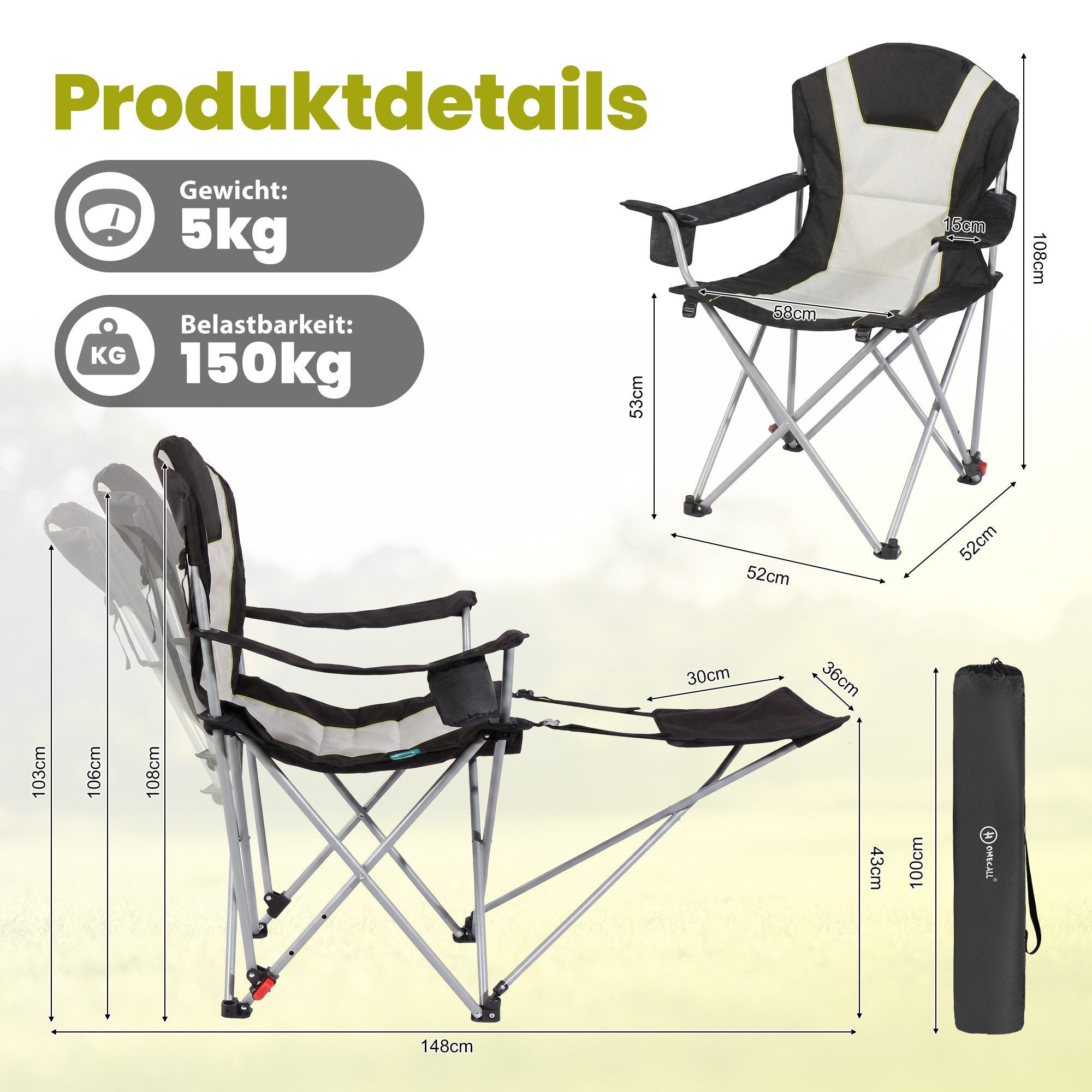 Campingstuhl mit Fußstütze – 2-in-1 Klappstuhl für Camping, Garten und Outdoor,
