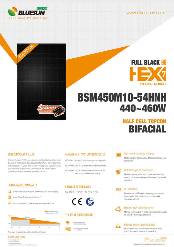 Bluesun Bifaziales Solarmodul 460 Wp Schwarz – Doppelglas TOPCon, 23,04 % Effizienz, 108 Half Cells