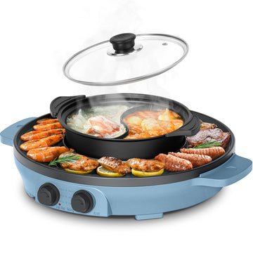 2-in-1 Elektrischer Hot Pot & Teppanyaki Grill 2000W – Elektro Grillplatte mit Kochtopf, Antihaftbeschichtung, Temperaturregelung, für 2–8 Personen, Breite: 39 cm