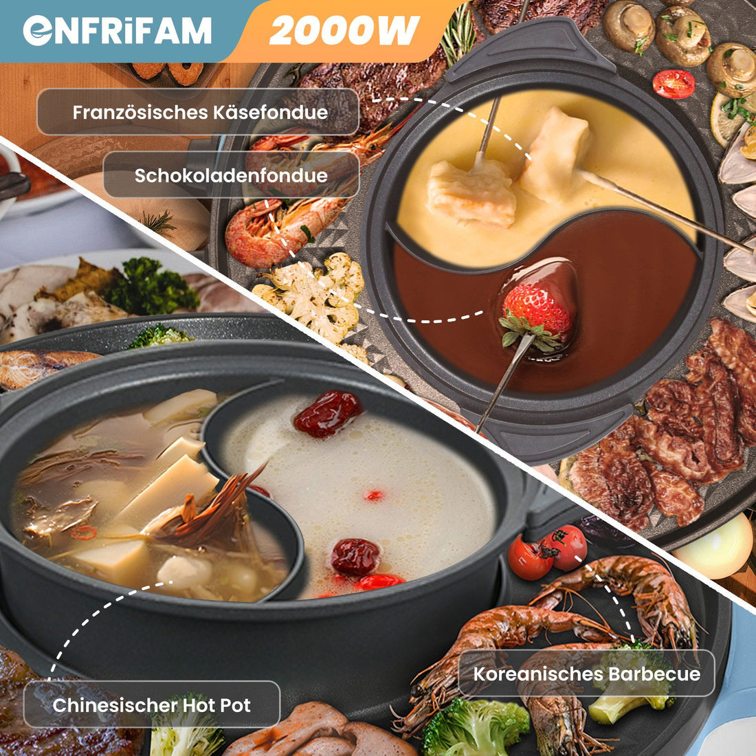 2-in-1 Elektrischer Hot Pot & Teppanyaki Grill 2000W – Elektro Grillplatte mit Kochtopf, Antihaftbeschichtung, Temperaturregelung, für 2–8 Personen, Breite: 39 cm