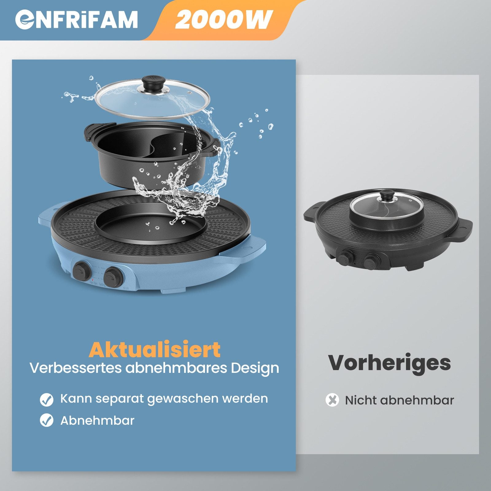 2-in-1 Elektrischer Hot Pot & Teppanyaki Grill 2000W – Elektro Grillplatte mit Kochtopf, Antihaftbeschichtung, Temperaturregelung, für 2–8 Personen, Breite: 39 cm