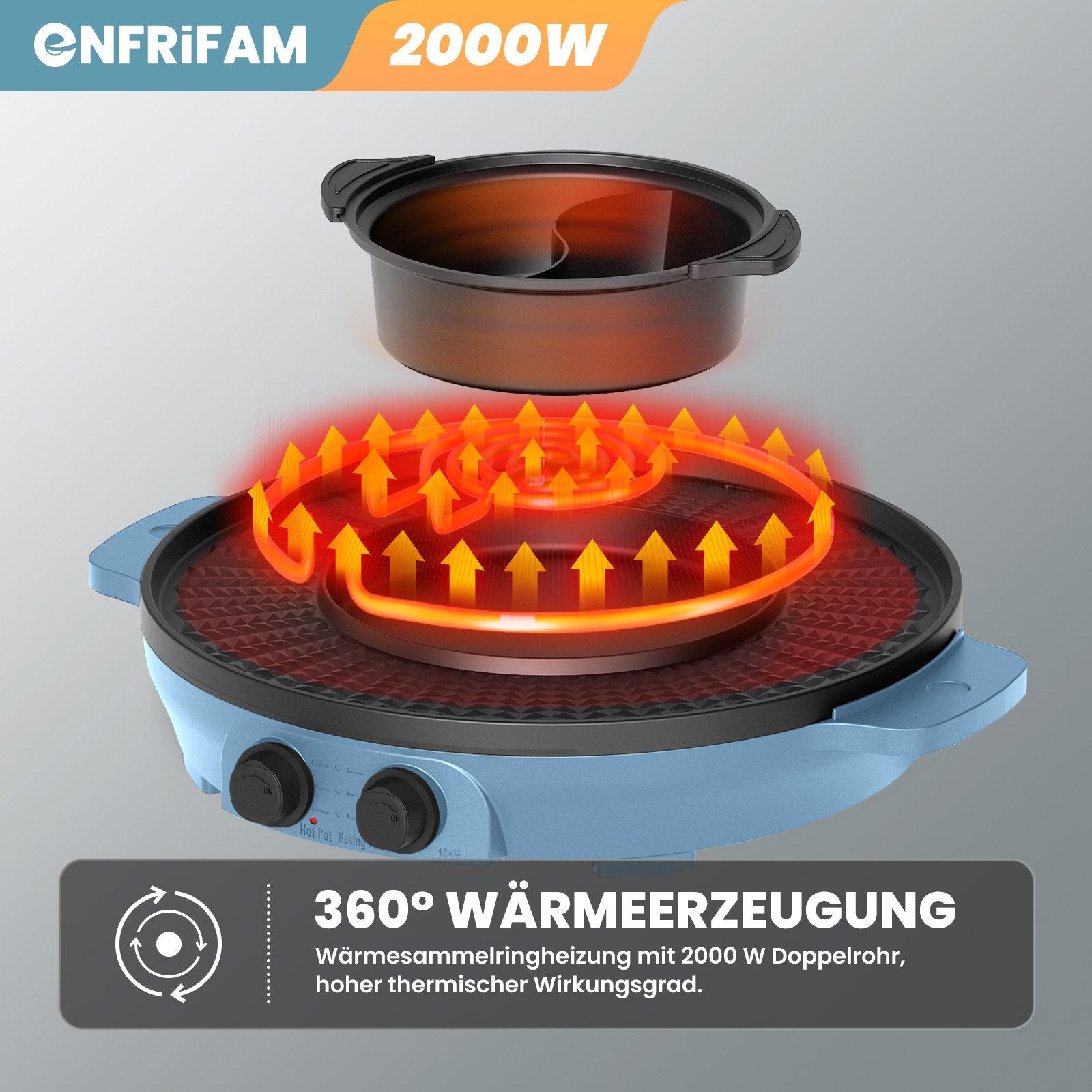 2-in-1 Elektrischer Hot Pot & Teppanyaki Grill 2000W – Elektro Grillplatte mit Kochtopf, Antihaftbeschichtung, Temperaturregelung, für 2–8 Personen, Breite: 39 cm