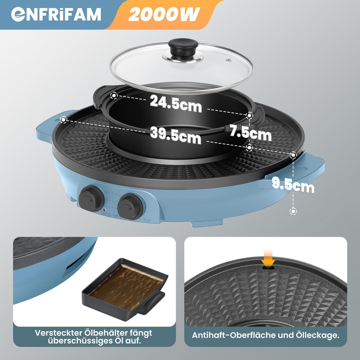 2-in-1 Elektrischer Hot Pot & Teppanyaki Grill 2000W – Elektro Grillplatte mit Kochtopf, Antihaftbeschichtung, Temperaturregelung, für 2–8 Personen, Breite: 39 cm