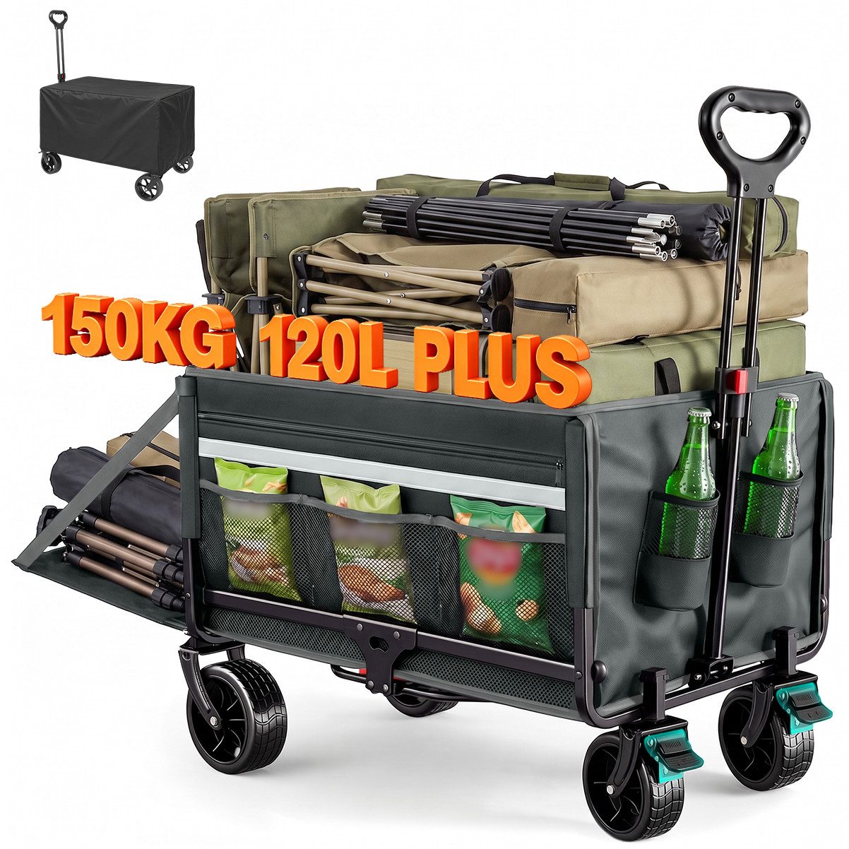 Faltbarer Bollerwagen Handwagen bis 150 kg – Strandwagen mit Dach, 120 L+ Volumen, Campingwagen mit Reflektorstreifen, Grau