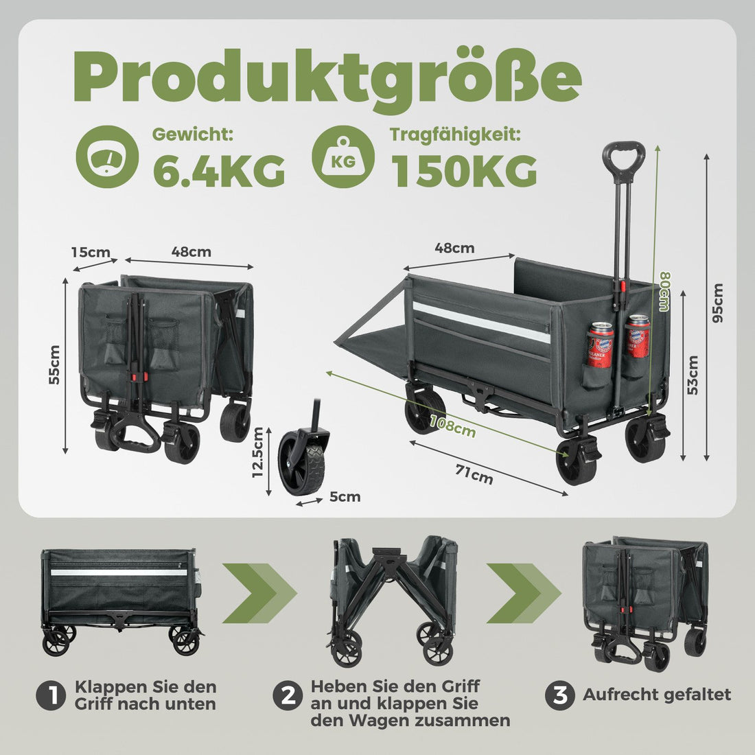Faltbarer Bollerwagen Handwagen bis 150 kg – Strandwagen mit Dach, 120 L+ Volumen, Campingwagen mit Reflektorstreifen, Grau