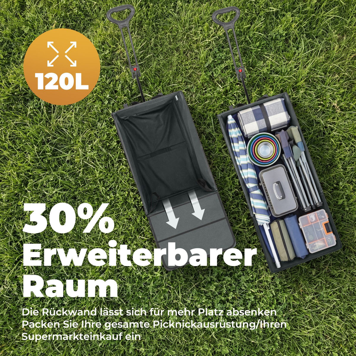 Faltbarer Bollerwagen Handwagen bis 150 kg – Strandwagen mit Dach, 120 L+ Volumen, Campingwagen mit Reflektorstreifen, Grau
