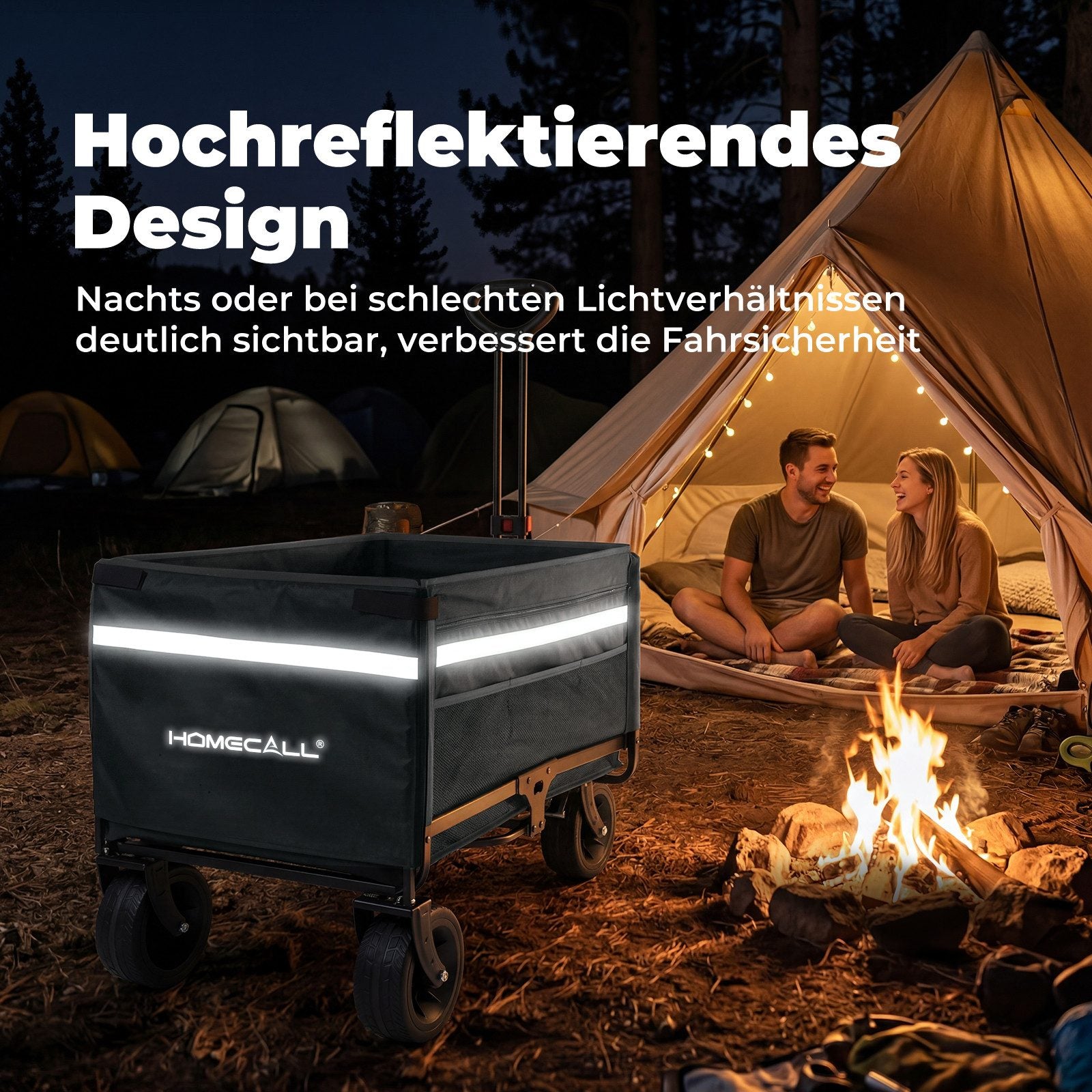 Faltbarer Bollerwagen Handwagen bis 150 kg – Strandwagen mit Dach, 120 L+ Volumen, Campingwagen mit Reflektorstreifen, Grau