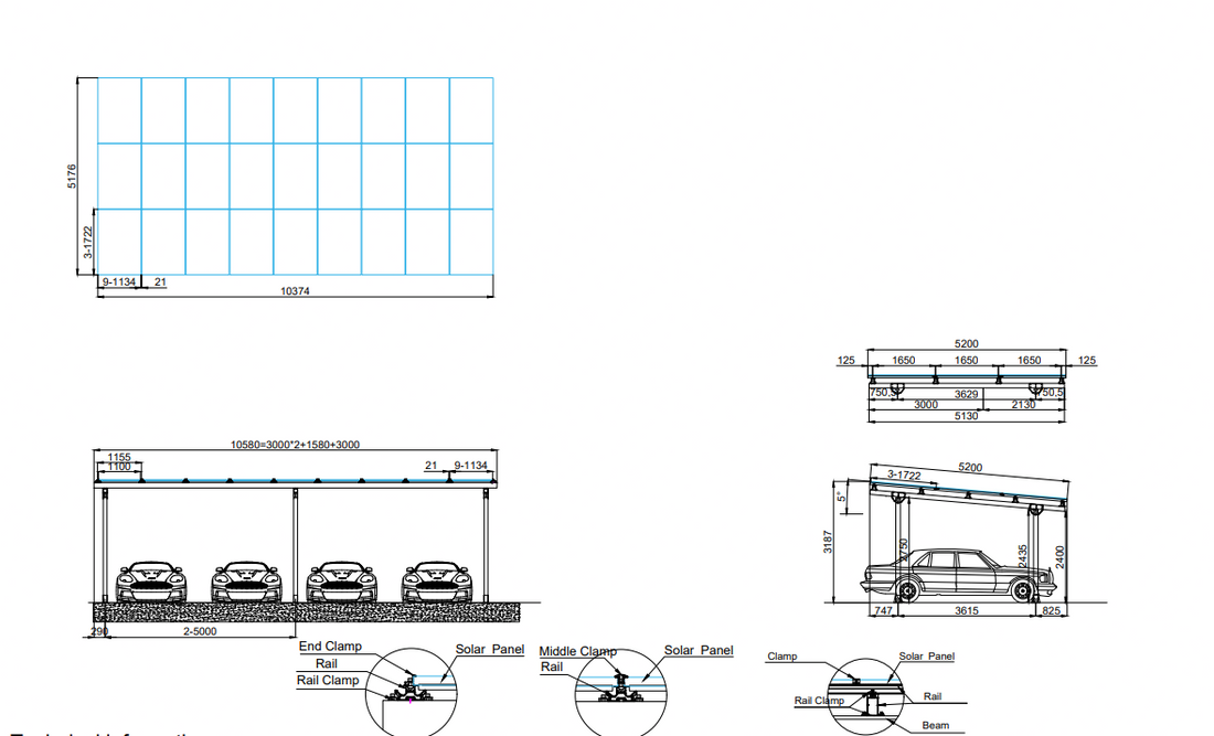 Aluminium Solar-Carport für 4 Autos Schwarz – inkl. 30 PV-Module, Komplettset mit Montage & Fundamenten