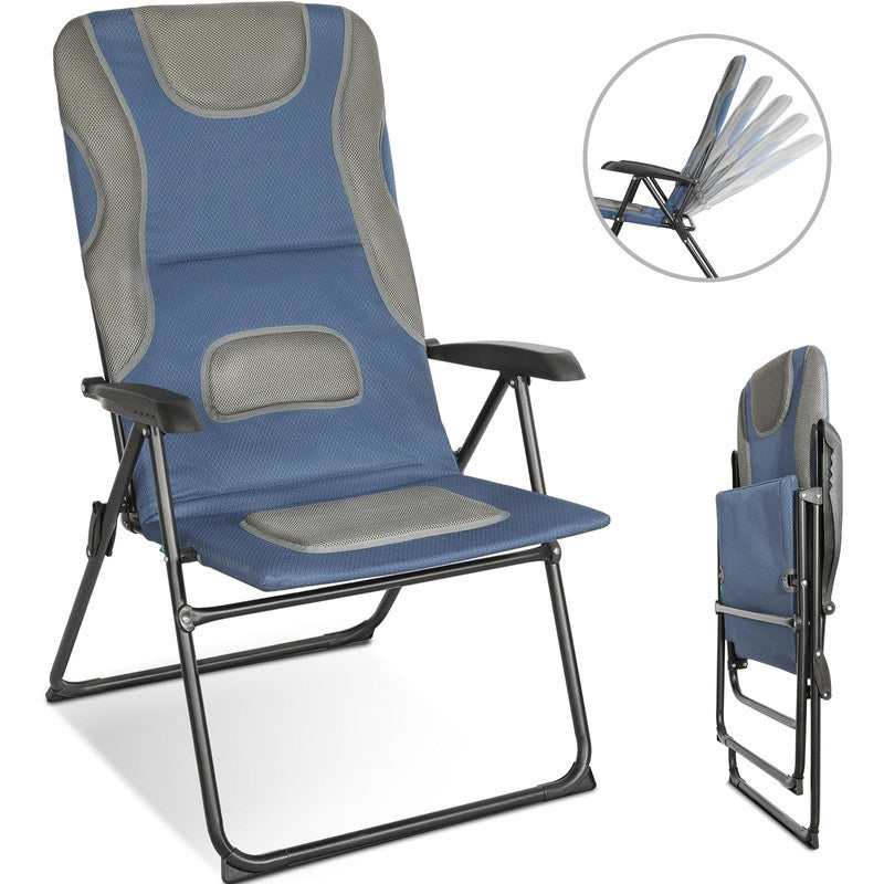 Campingstuhl Hochlehner klappbar – Gepolsterter Gartenstuhl mit 5-fach verstellbarer Rückenlehne, Aluminiumrahmen, bis 150 kg belastbar blau-grau