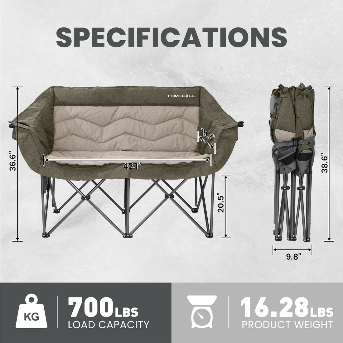 HOMECALL Campingstuhl 2 Personen faltbar – Doppel Campingsofa bis 360 kg, stabile Camping Couch mit Rückenlehne, Grün