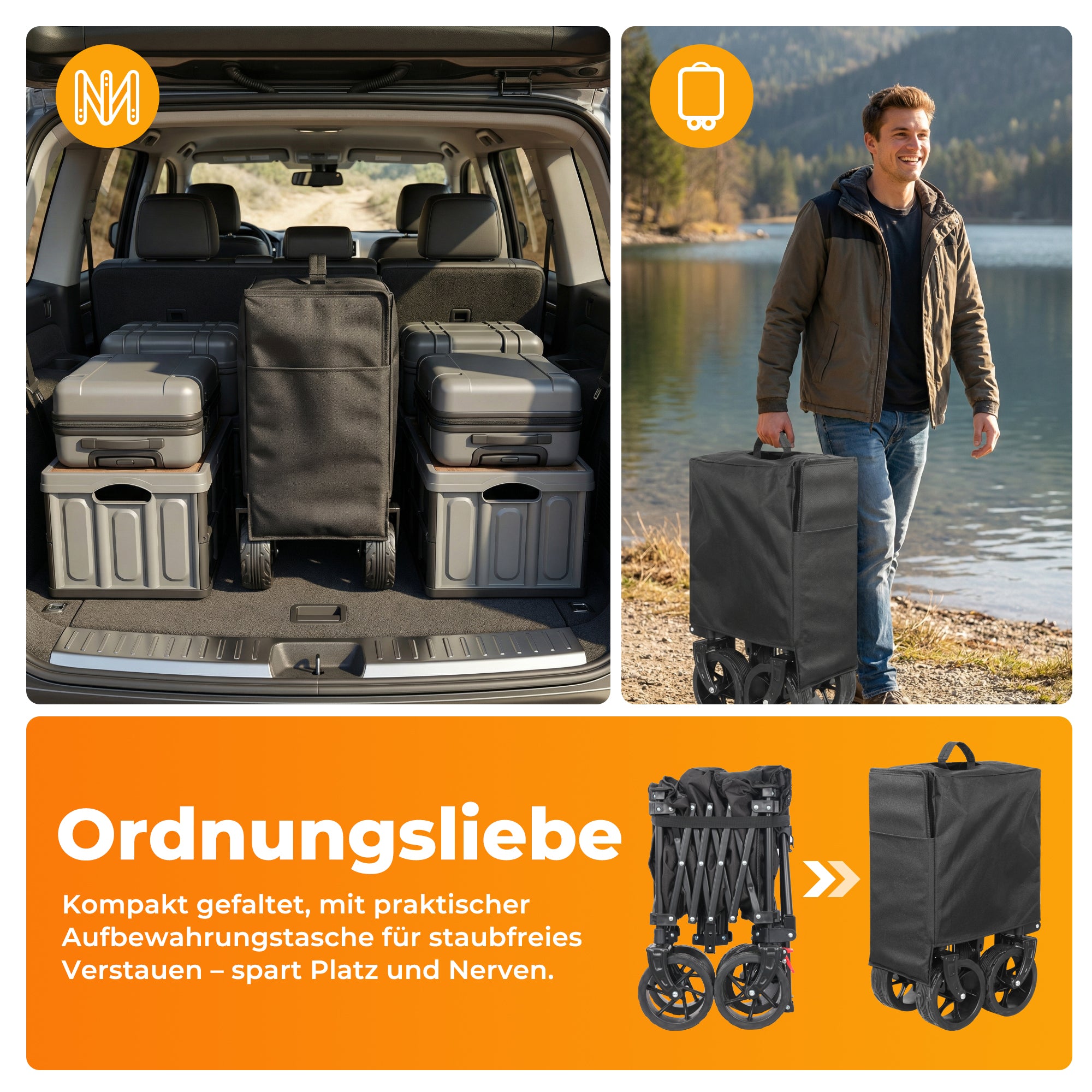 Faltbarer Bollerwagen Handwagen Strandwagen 200L XXL-Volumen mit praktischer Kühltasche, Schwarz
