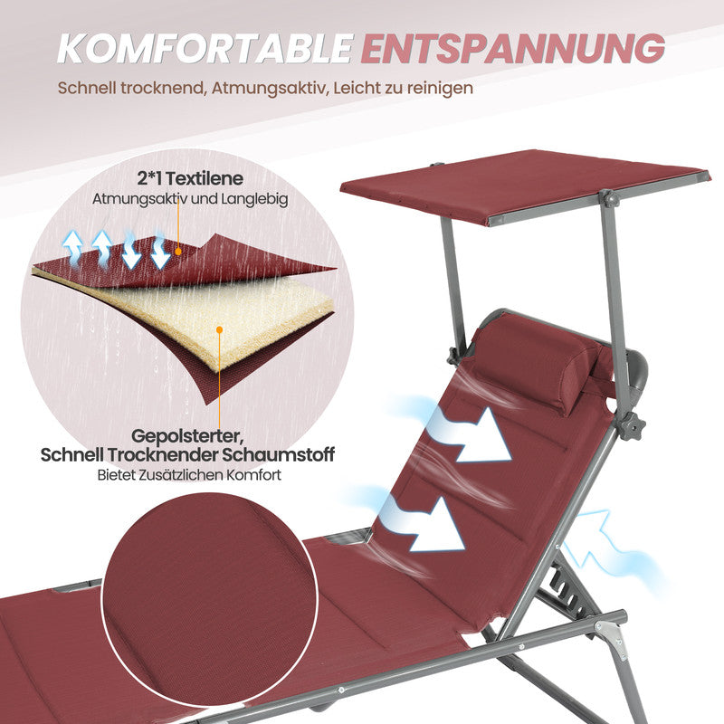HOMECALL Sonnenliege XXL klappbar – 5-fach verstellbar mit Sonnenschutz rot, gepolstert bis 180 kg belstbar | B-Ware Sonderposten