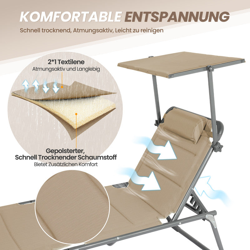 HOMECALL Sonnenliege XXL klappbar – 5-fach verstellbar mit Sonnenschutz beige, gepolstert bis 180 kg belastbar | B-Ware Sonderposten