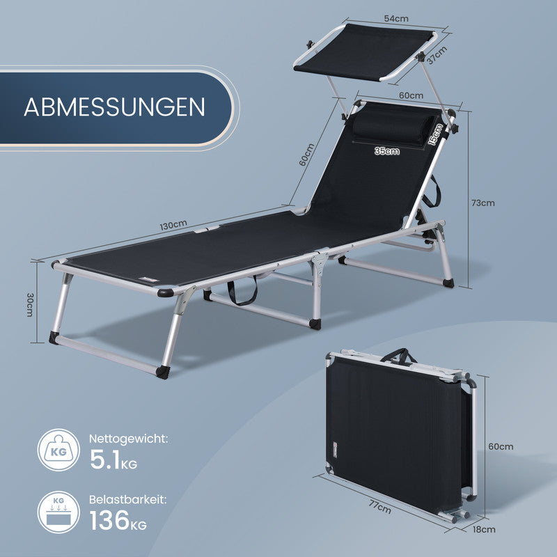 HOMECALL Sonnenliege klappbar – Aluminium Gartenliege mit Textilene & Sonnenschutz, 5-fach verstellbar | B-Ware Sonderposten