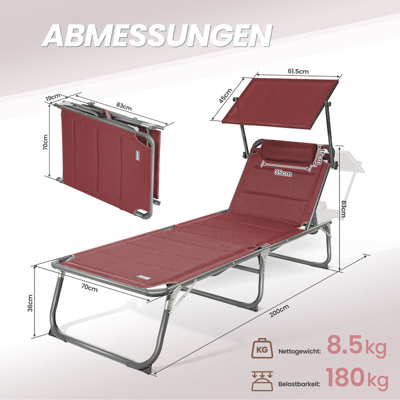 HOMECALL Sonnenliege XXL klappbar – 5-fach verstellbar mit Sonnenschutz rot, gepolstert bis 180 kg belstbar | B-Ware Sonderposten