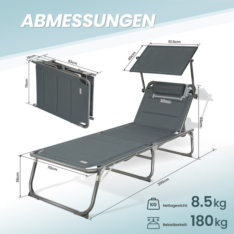 HOMECALL Sonnenliege XXL klappbar – 5-fach verstellbar mit Sonnenschutz anthrazit, gepolstert bis 180 kg | B-Ware Sonderposten