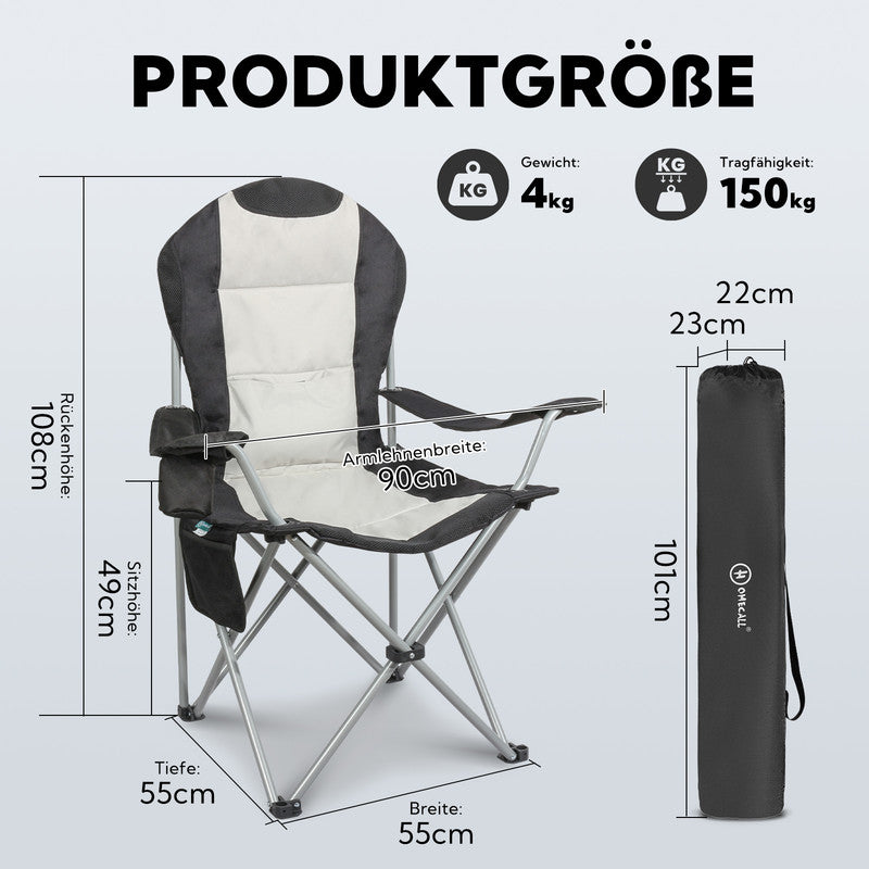 HOMECALL Campingstuhl Hochlehner klappbar – gepolsterter Outdoorstuhl bis 150 kg belastbar Weiß/Schwarz | B-Ware Sonderposten