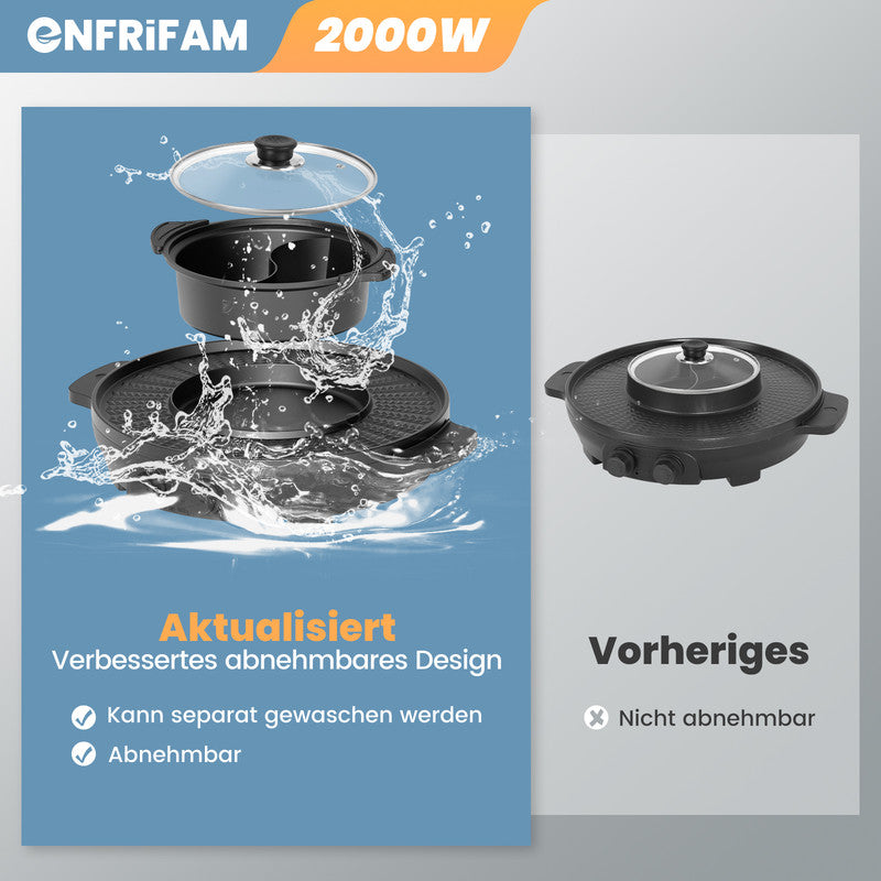 2-in-1 Elektrischer Hot Pot & Teppanyaki Grill 2000W – Elektro Grillplatte mit Kochtopf, Antihaftbeschichtung, Temperaturregelung, für 2–8 Personen, Breite: 39 cm