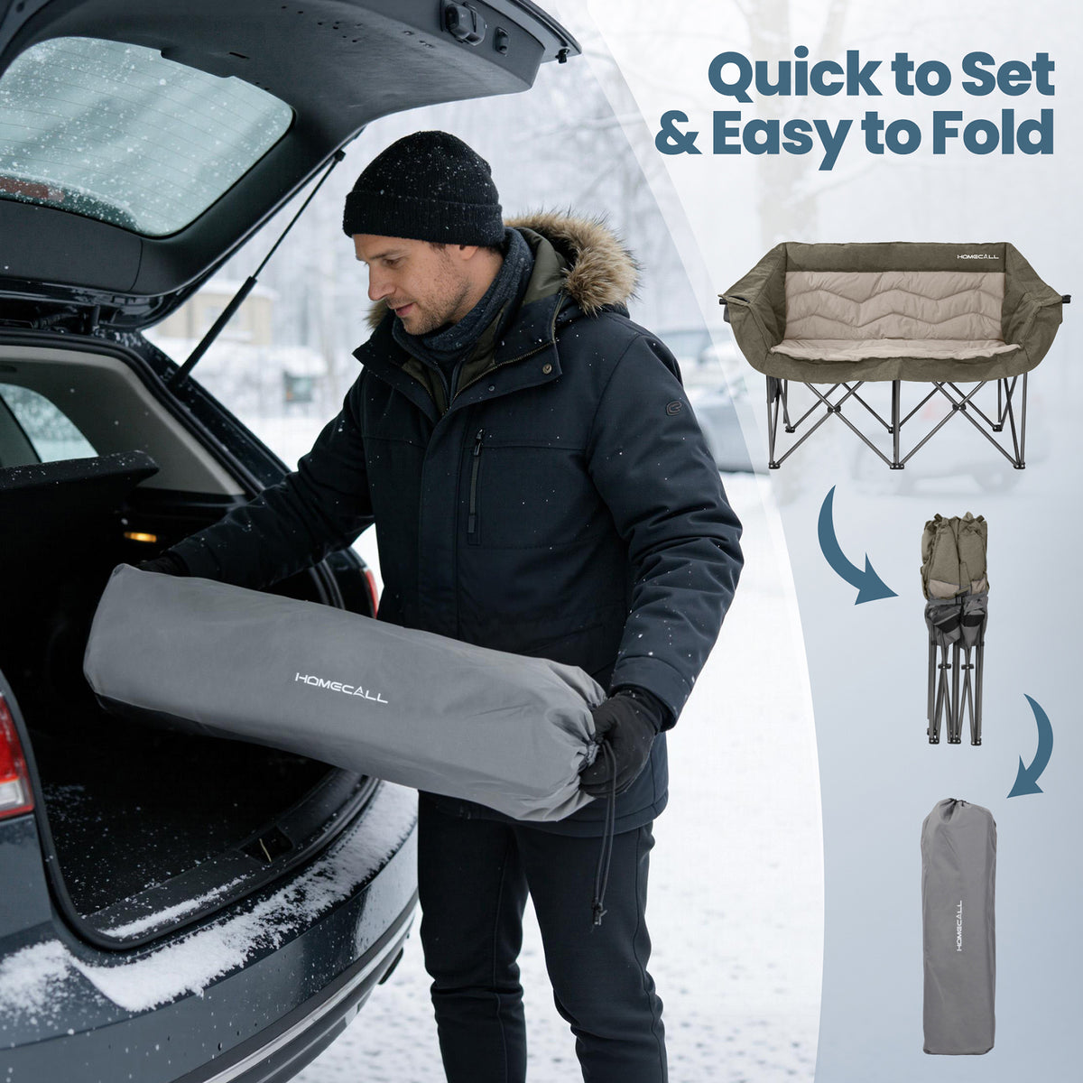 HOMECALL Campingstuhl 2 Personen faltbar – Doppel Campingsofa bis 360 kg, stabile Camping Couch mit Rückenlehne, Grün