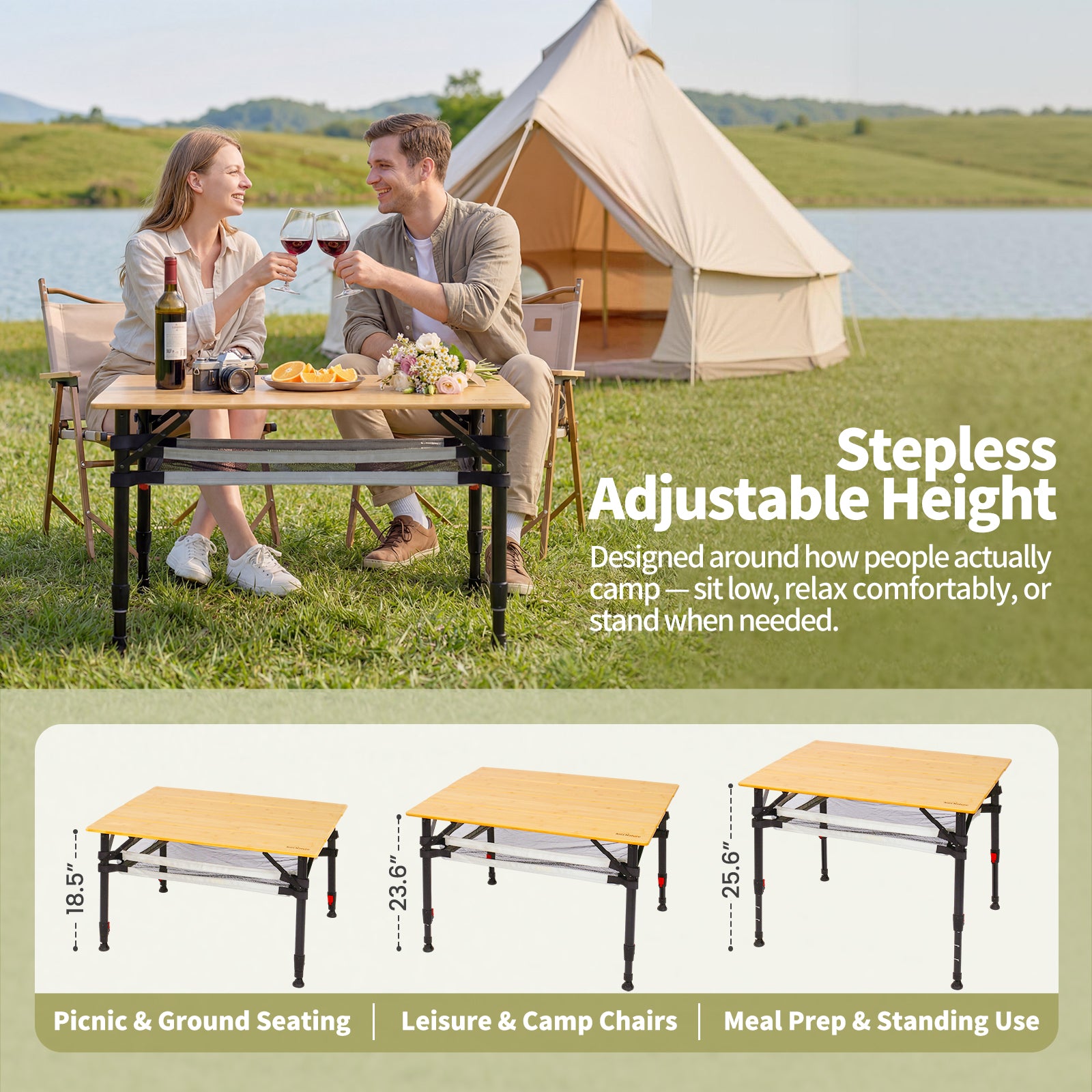 Campingtisch klappbar mit Bambus-Tischplatte – höhenverstellbarer Outdoor-Tisch mit verstellbaren Beinen und Aufbewahrungsnetz, 80 x 65 cm