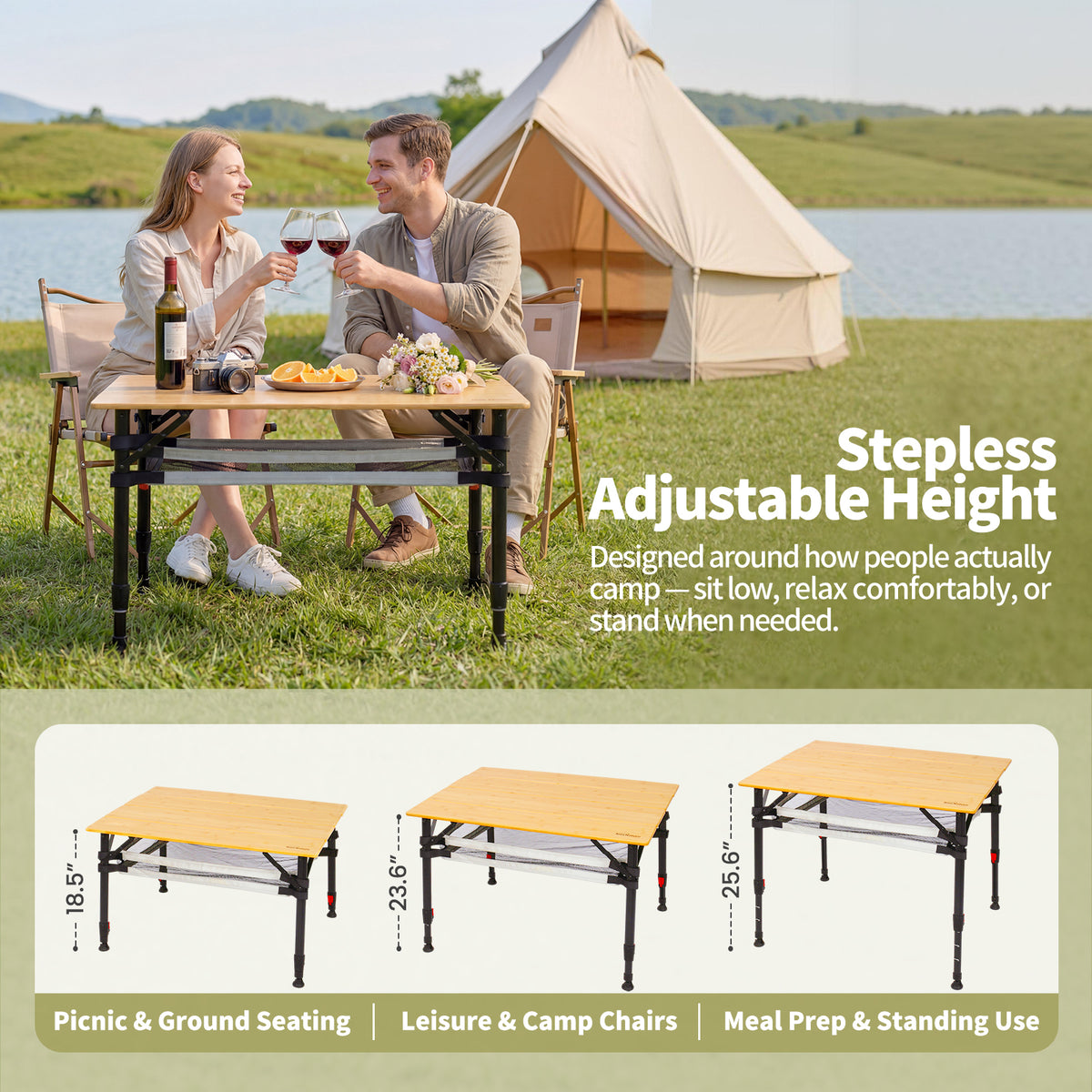 Campingtisch klappbar mit Bambus-Tischplatte – höhenverstellbarer Outdoor-Tisch mit verstellbaren Beinen und Aufbewahrungsnetz, 100 x 65 cm