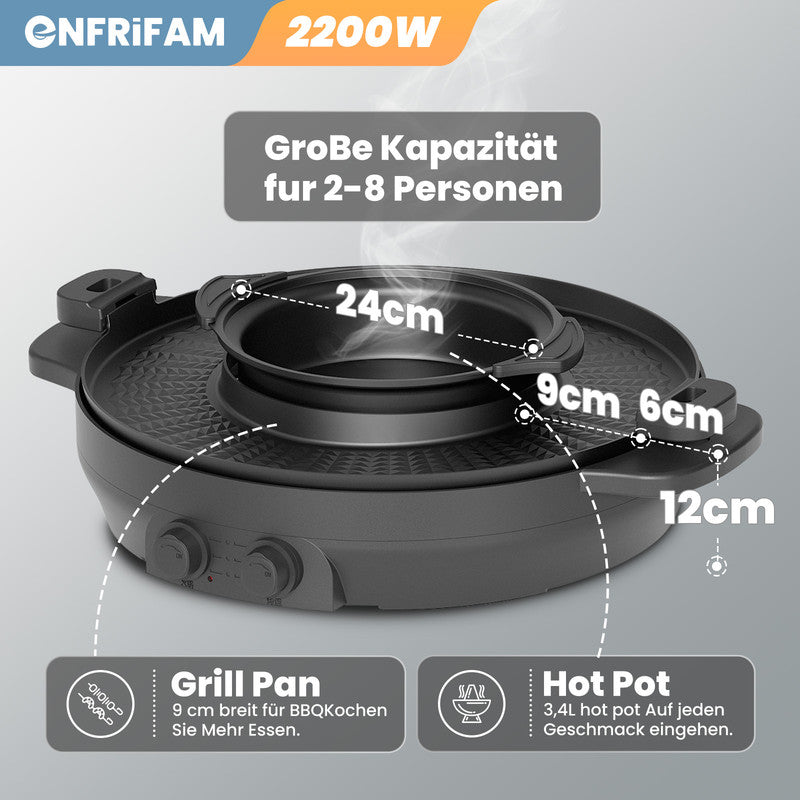 ENFRIFAM 2-in-1 Hot Pot & Teppanyaki Grill – Elektrischer Tischgrill mit Kochtopf - unbenutzte, geprüfte  B-Ware