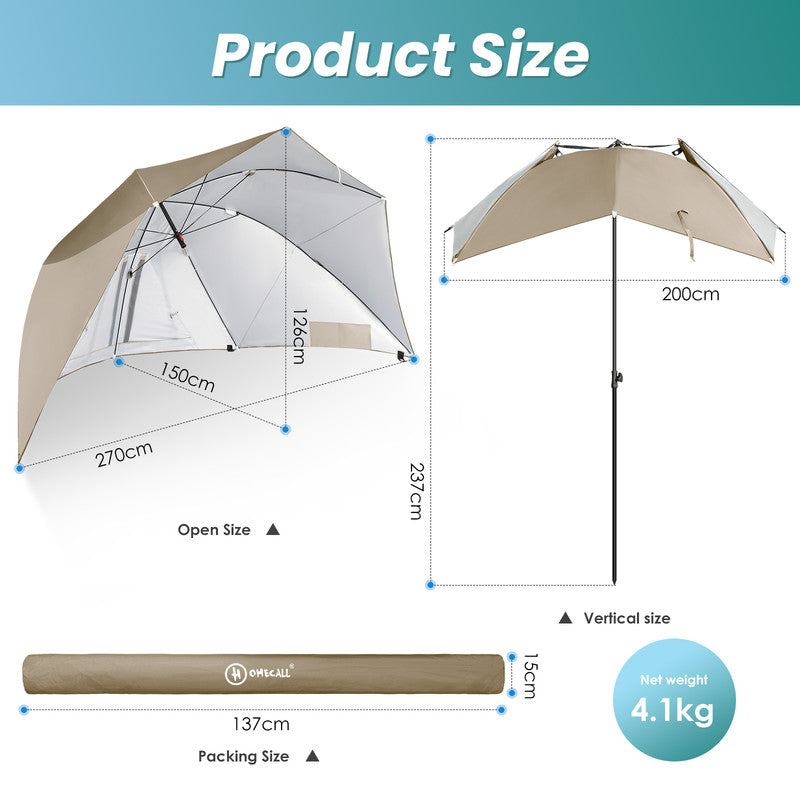 HOMECALL Strandmuschel mit SchirHOMECALL Strandmuschel mit Schirmsystem khaki – 3in1 Sonnenschirm & Windschutz  klappbar | B-Ware Sonderposten