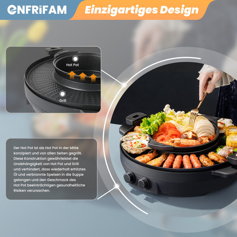 ENFRIFAM 2-in-1 Hot Pot & Teppanyaki Grill – Elektrischer Tischgrill mit Kochtopf - unbenutzte, geprüfte  B-Ware