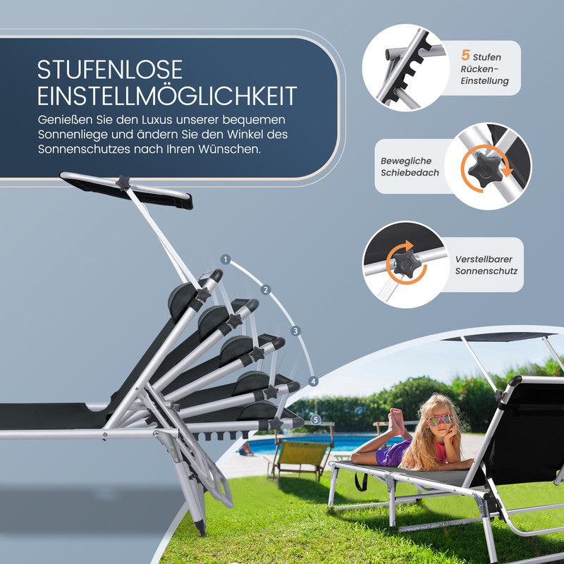 HOMECALL Sonnenliege klappbar – Aluminium Gartenliege mit Textilene & Sonnenschutz, 5-fach verstellbar | B-Ware Sonderposten